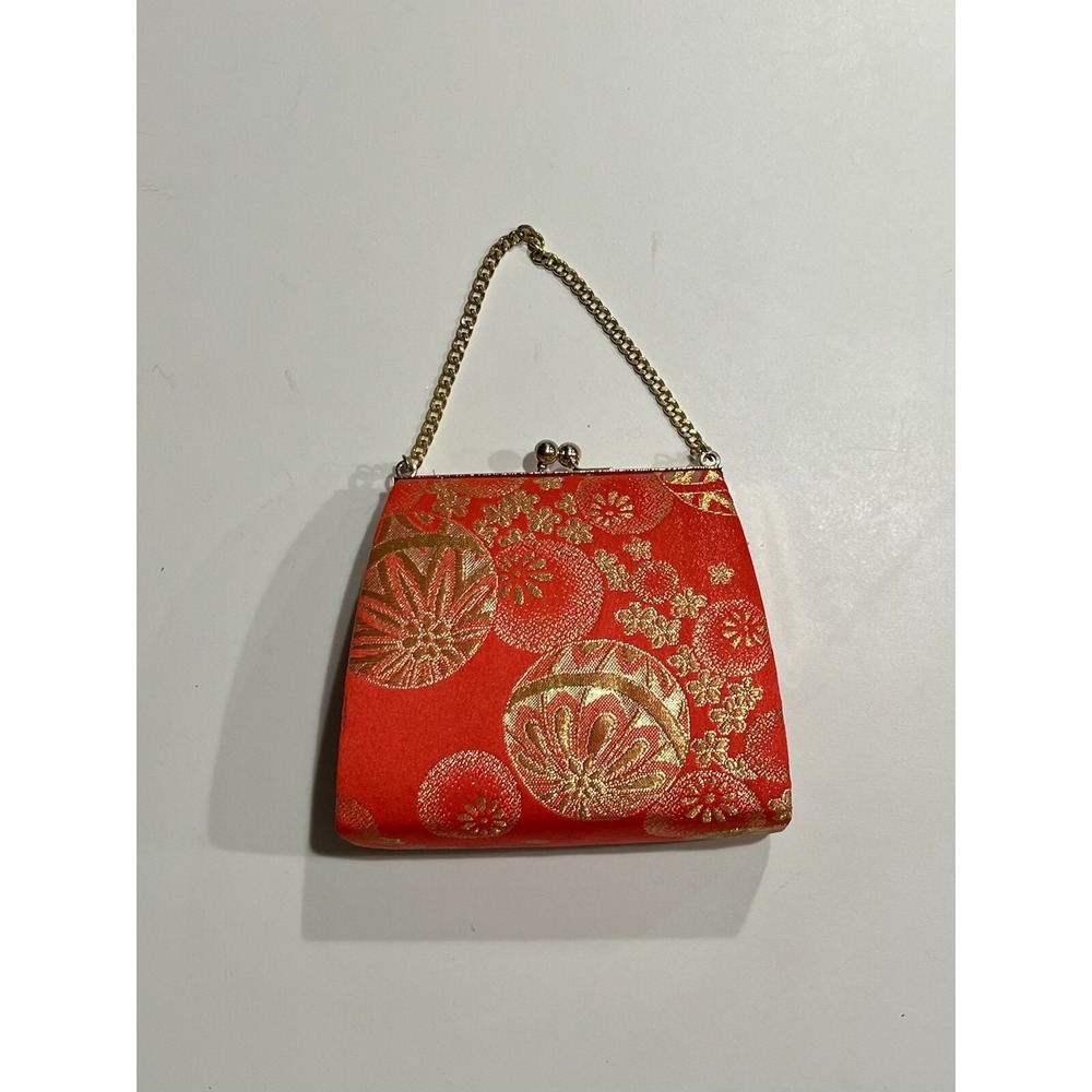 VTG Japanese Evening Kimono Chain Strap Wallet Red Silk Floral Heirloom‎